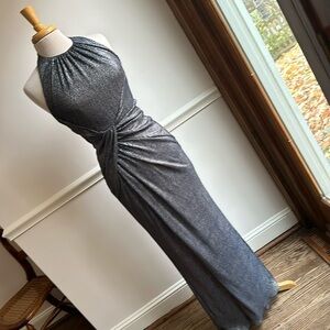 Carmen Marc Valvo Silver Blue Halter Gown Ruched Waist Size 4 EUC